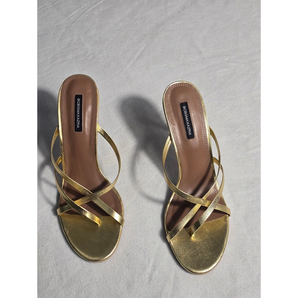 BCBGMAXAZRIA Womens Gold Metallic Strappy Clear Stiletto Heel Sandals Size 9.5